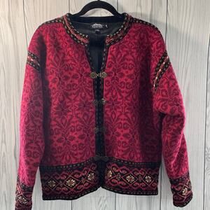 Icelandic Design Red Maroon Wool Lined Cardigan Sweater Nordic  Jacket XL